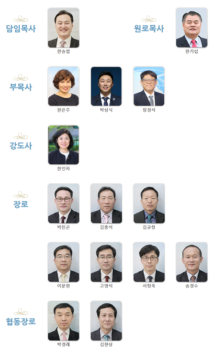 섬기는 분들 : 한승엽 목사, 한기섭 목사, 한은주 목사, 박상식 목사, 장경석 목사, 한인자 강도사, 박진곤 장로, 김종석 장로, 김규창 장로, 이문현 장로, 고영석 장로, 서정욱 장로, 송경수 장로, 박경래 장로, 김현상 장로